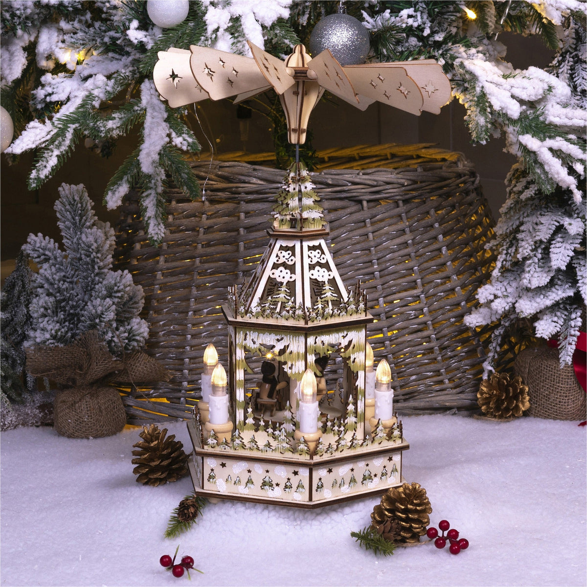 Battery Powered Wooden Christmas Pyramid with 6 LED Lights_Indoor Christmas Decorations