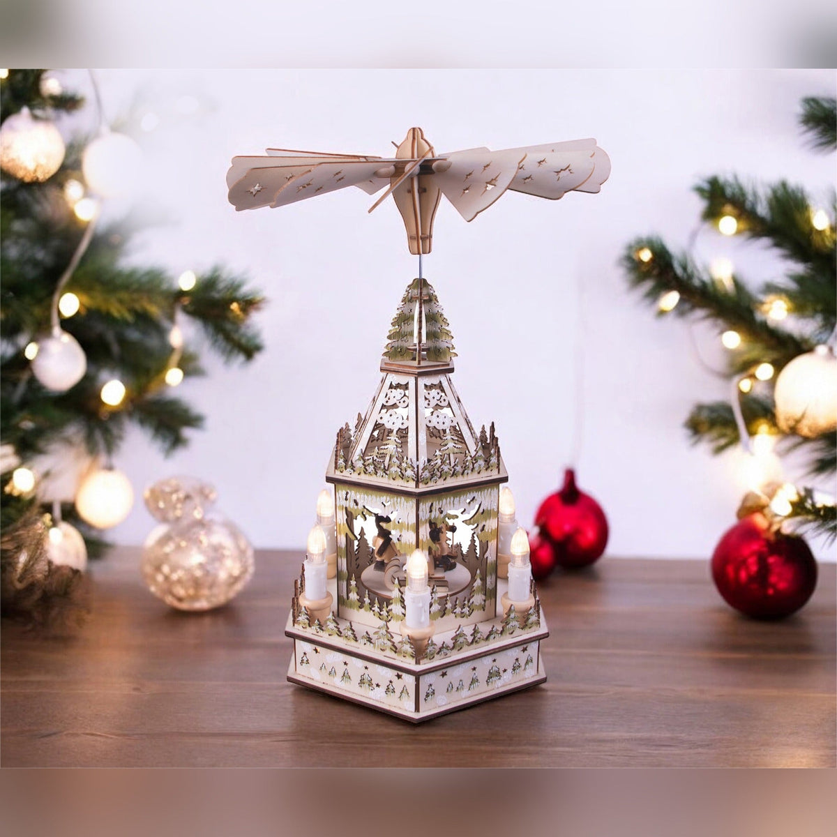 Battery Powered Wooden Christmas Pyramid with 6 LED Lights_Indoor Christmas Decorations