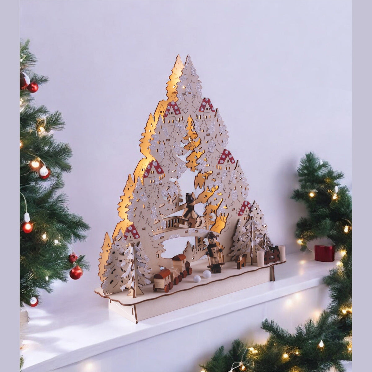 Battery Powered Wooden Light Up Festive Scene - 33cm_Indoor Christmas Decorations