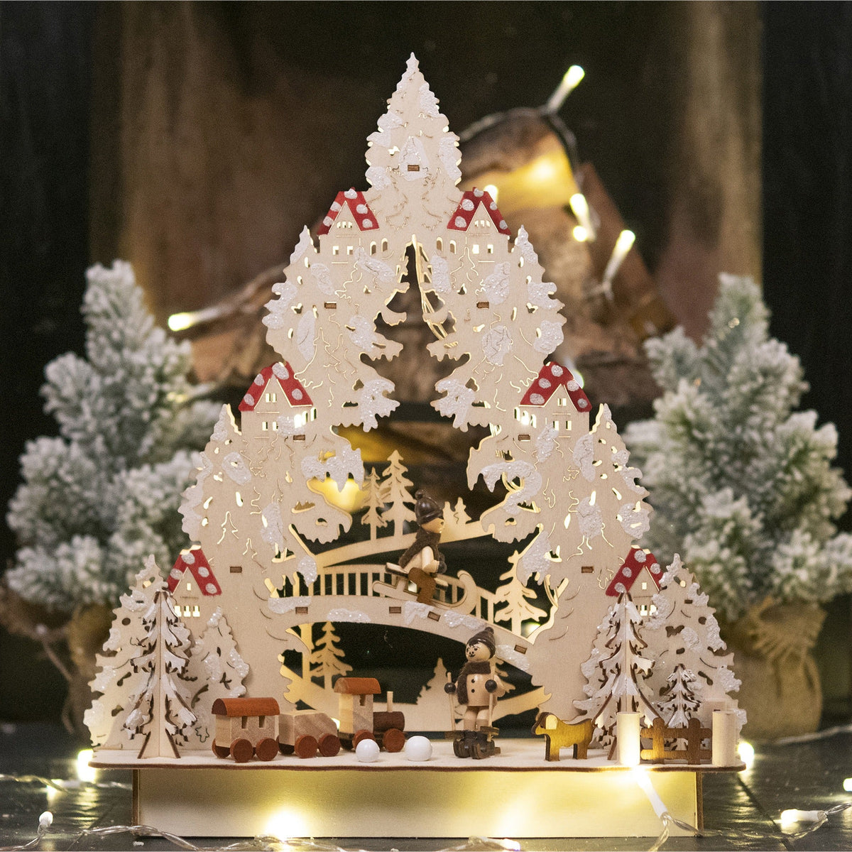 Battery Powered Wooden Light Up Festive Scene - 33cm_Indoor Christmas Decorations
