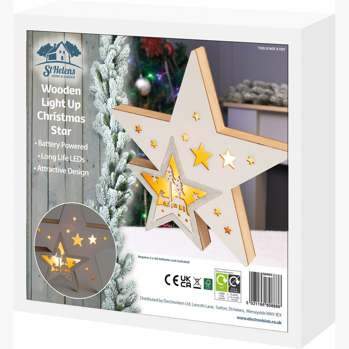 St Helens Home and Garden Battery Powered Light Up Wooden Christmas Star_Indoor Christmas Decorations