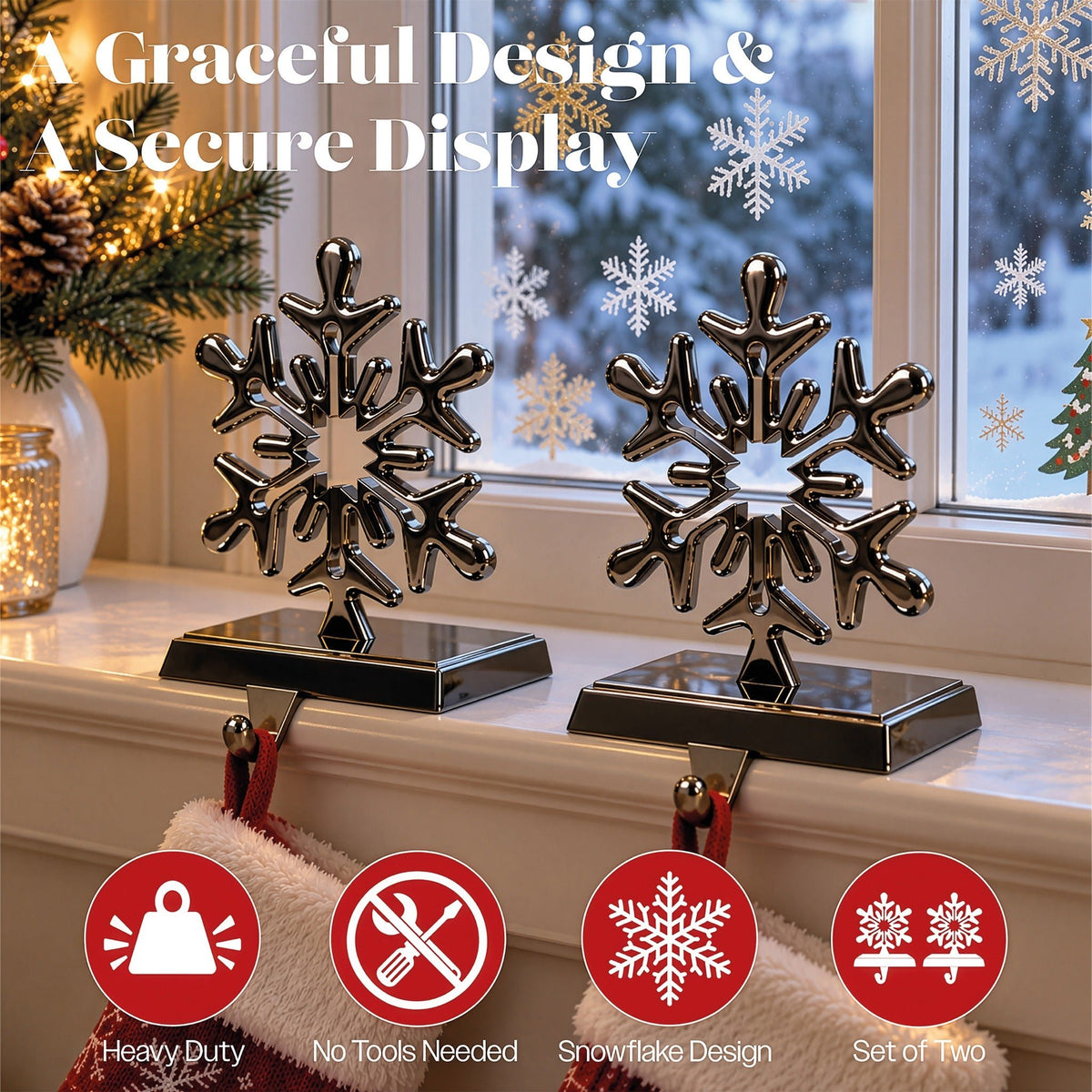 Set of 2 Christmas Stocking Holders - Silver Snowflake_Indoor Christmas Decorations