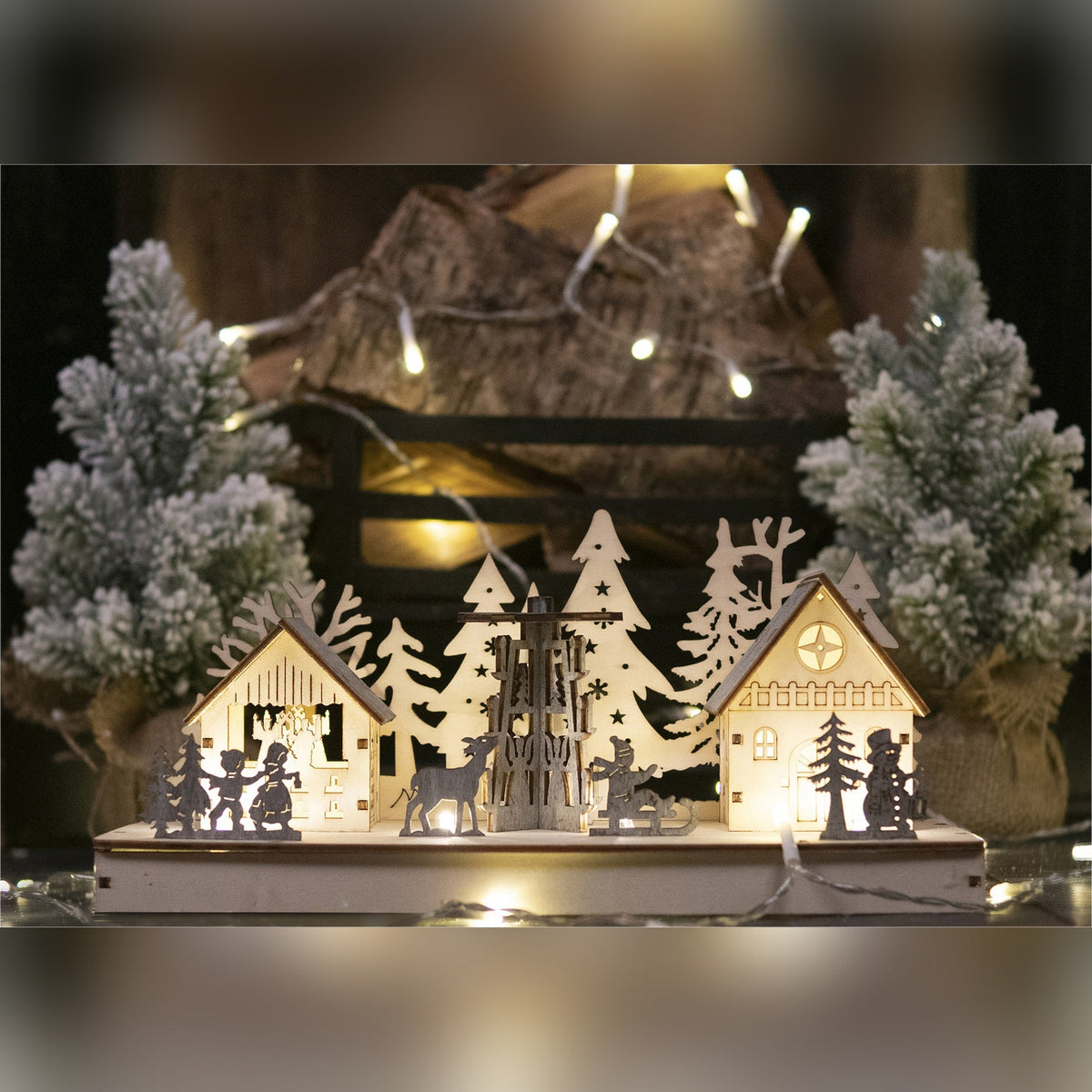 Battery Powered Wooden Light Up Festive Scene - 28cm_Indoor Christmas Decorations