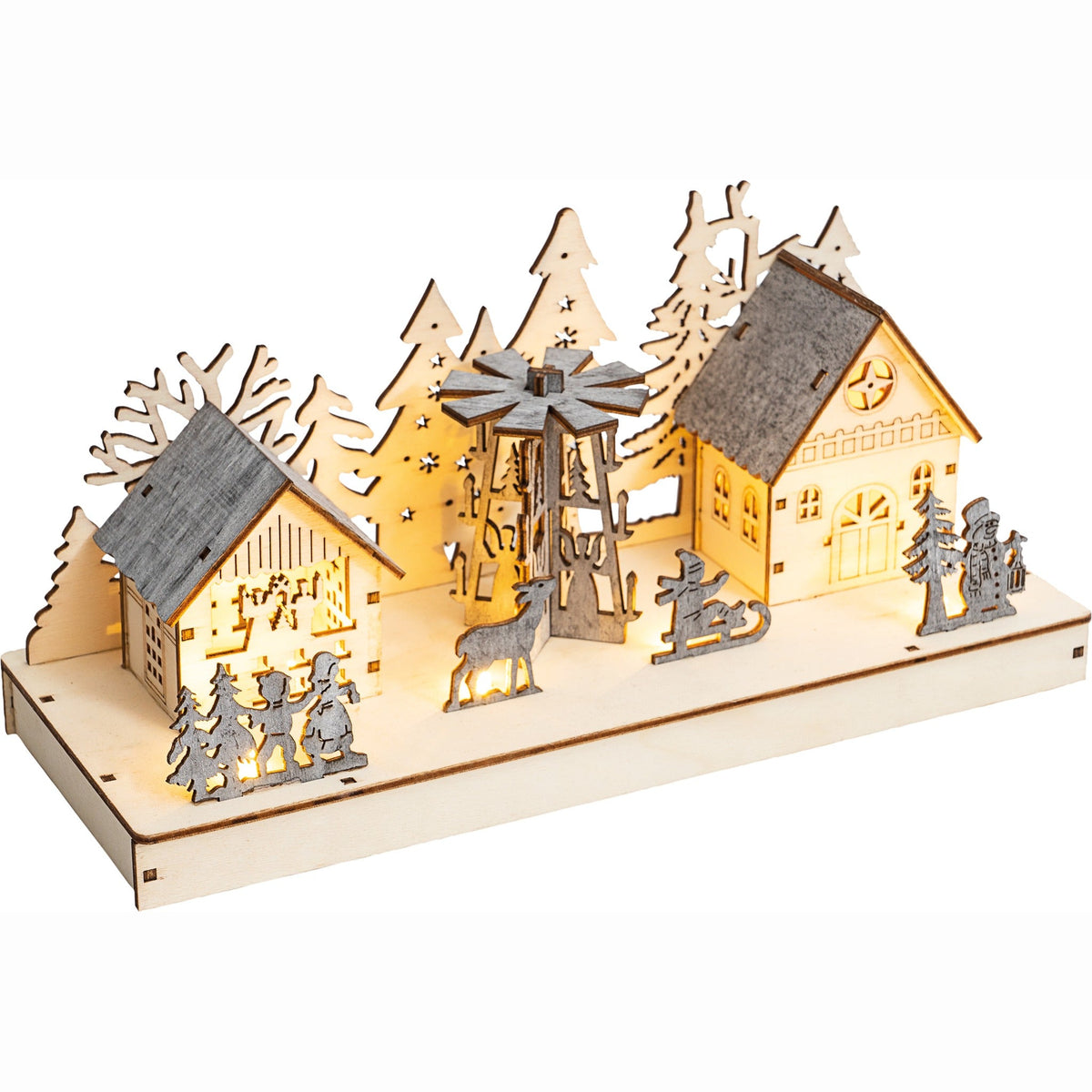 Battery Powered Wooden Light Up Festive Scene - 28cm_Indoor Christmas Decorations