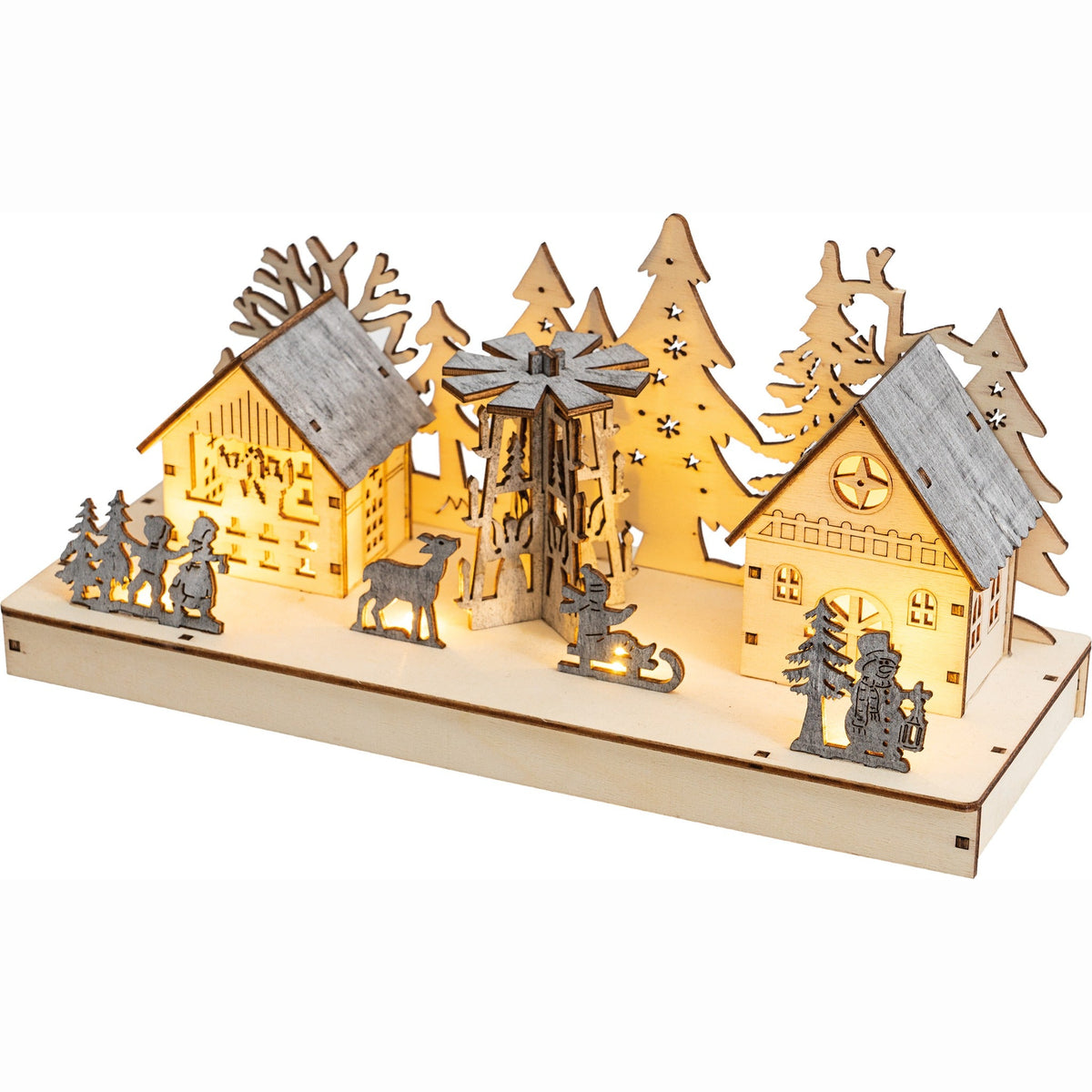 Battery Powered Wooden Light Up Festive Scene - 28cm_Indoor Christmas Decorations