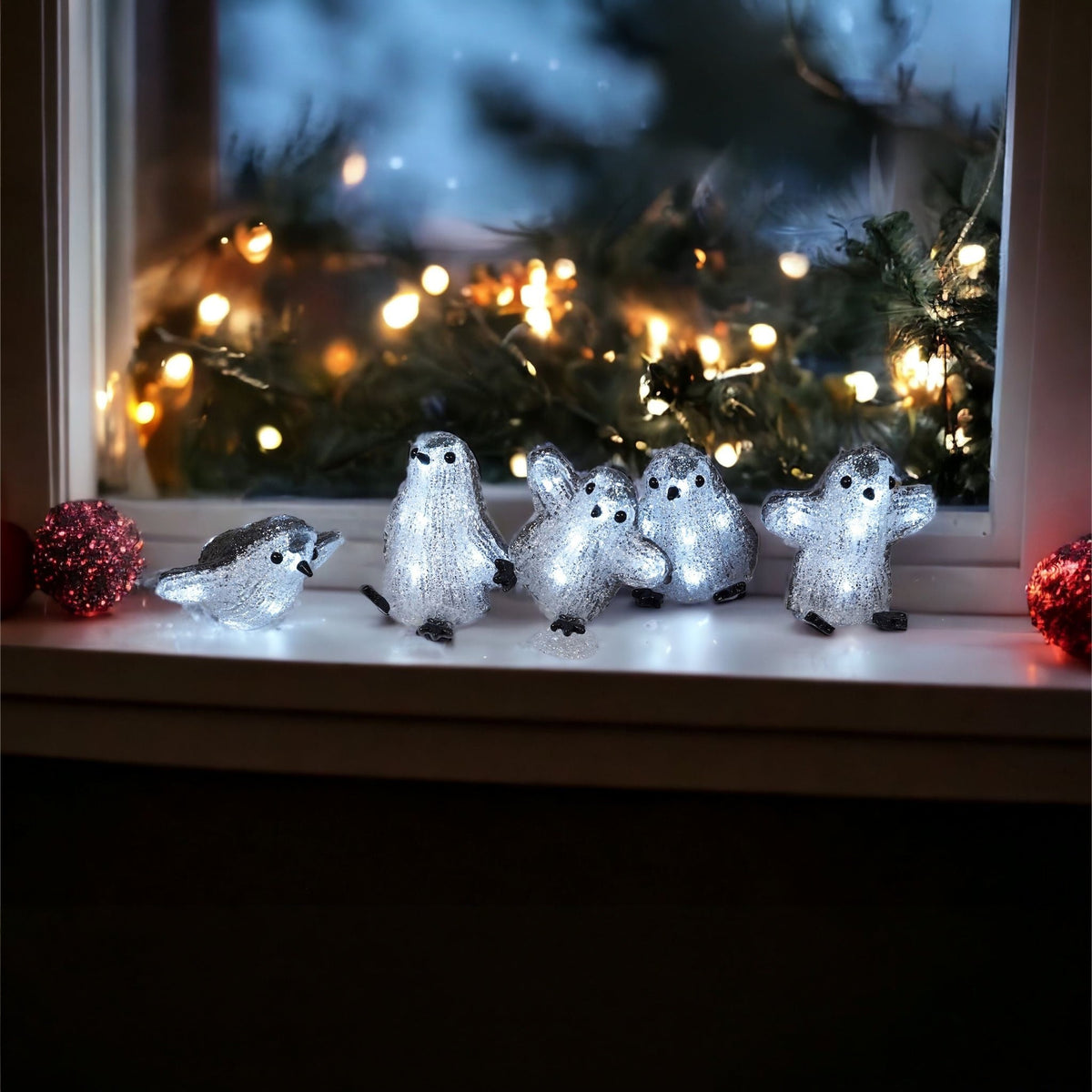 Xmas Haus Set of 5 Acrylic LED Penguins – 8 LEDs Each, Battery Operated with Timer, Indoor & Outdoor Festive Decoration_Christmas Lights