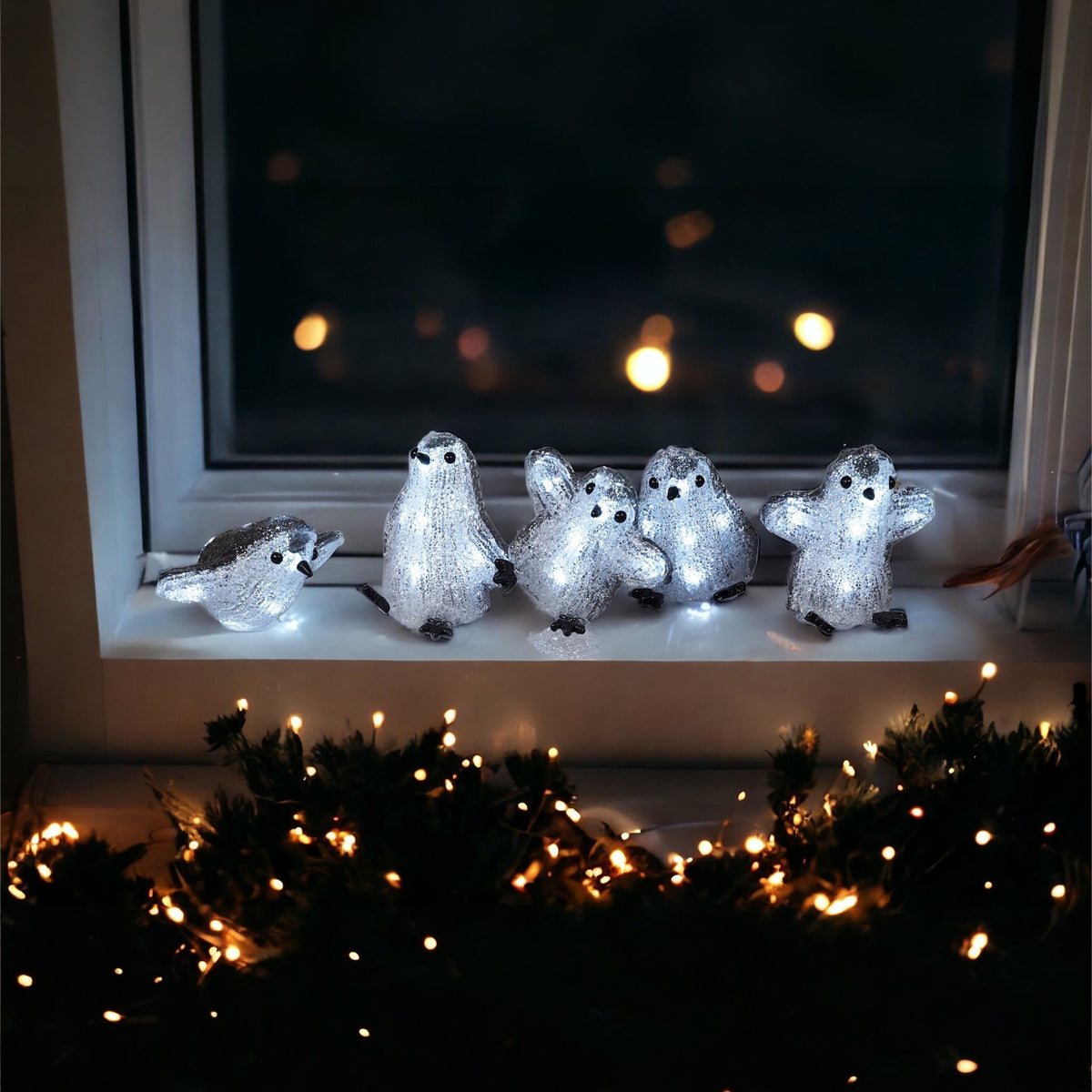 Xmas Haus Set of 5 Acrylic LED Penguins – 8 LEDs Each, Battery Operated with Timer, Indoor & Outdoor Festive Decoration_Christmas Lights