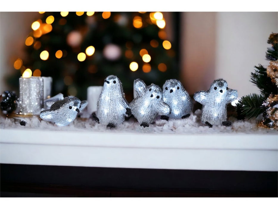 Xmas Haus Set of 5 Acrylic Outdoor/Indoor Penguins Battery Operated With 8 Led's Per Unit and On/off Timer_Christmas Lights