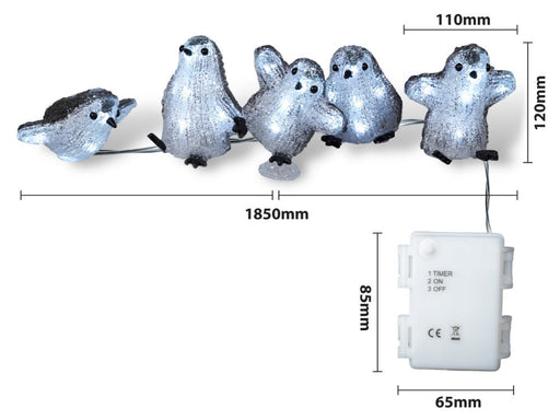Xmas Haus Set of 5 Acrylic Outdoor/Indoor Penguins Battery Operated With 8 Led's Per Unit and On/off Timer_Christmas Lights