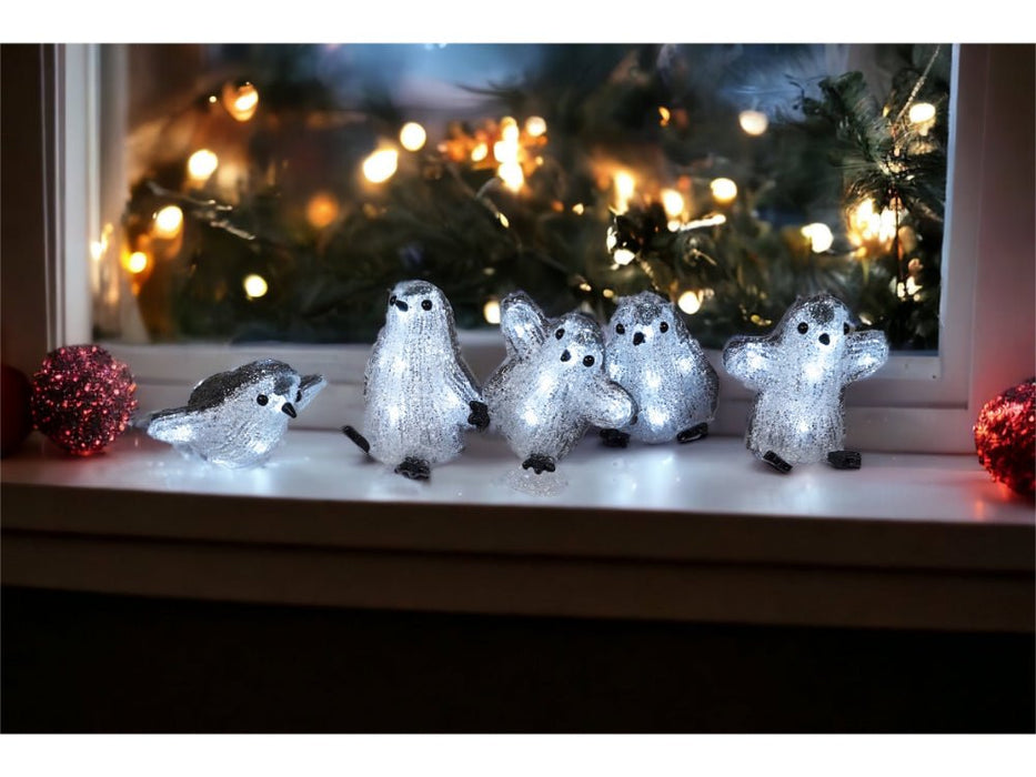 Xmas Haus Set of 5 Acrylic Outdoor/Indoor Penguins Battery Operated With 8 Led's Per Unit and On/off Timer_Christmas Lights