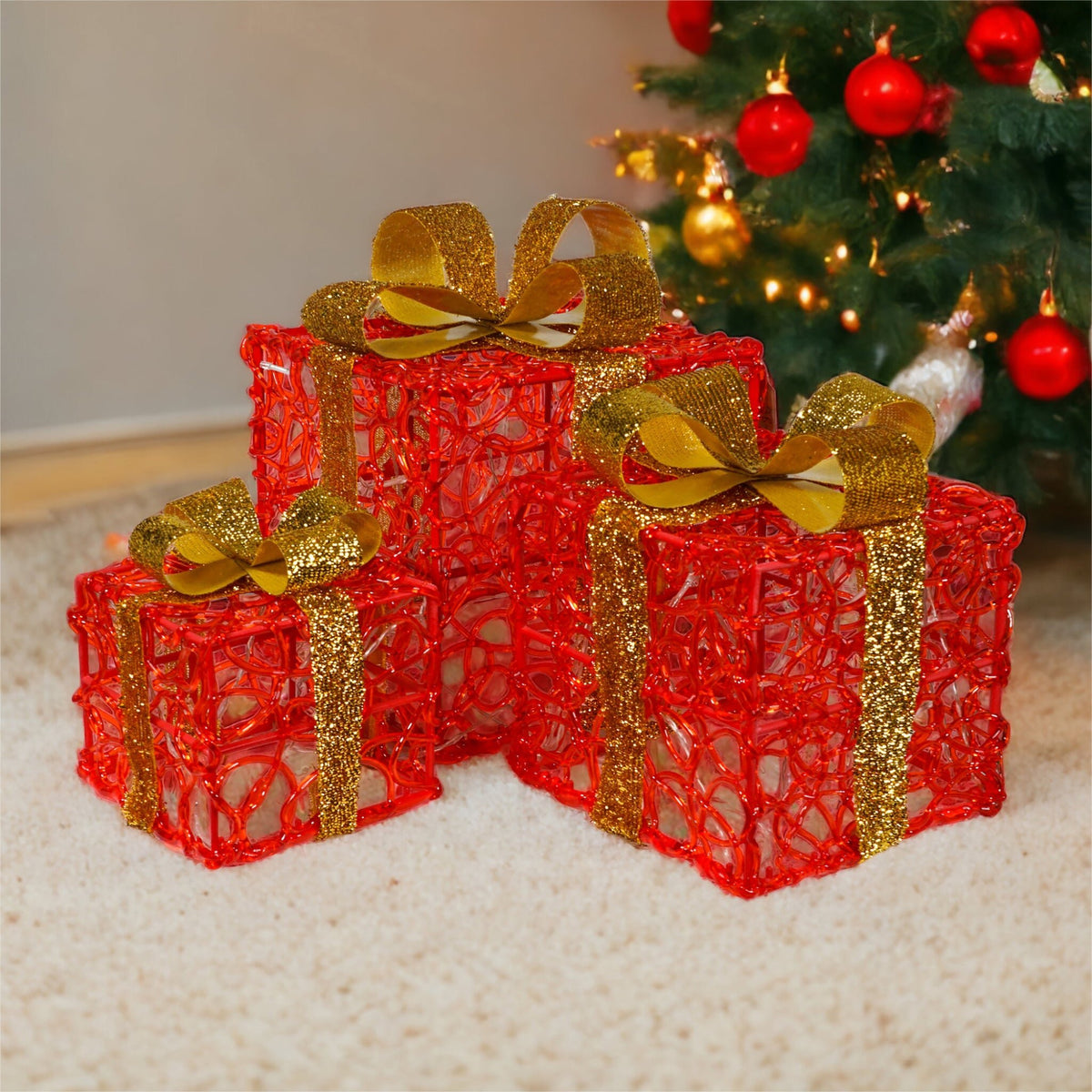 Xmas Haus Set of 3 LED Light-Up Christmas Boxes – 2 Colours - 60 LEDs Each, 8 Lighting Patterns, Battery Operated with Timer, Indoor & Outdoor Decoration_Christmas Lights