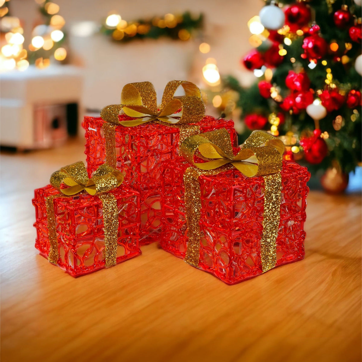 Xmas Haus Set of 3 LED Light-Up Christmas Boxes – 2 Colours - 60 LEDs Each, 8 Lighting Patterns, Battery Operated with Timer, Indoor & Outdoor Decoration_Christmas Lights