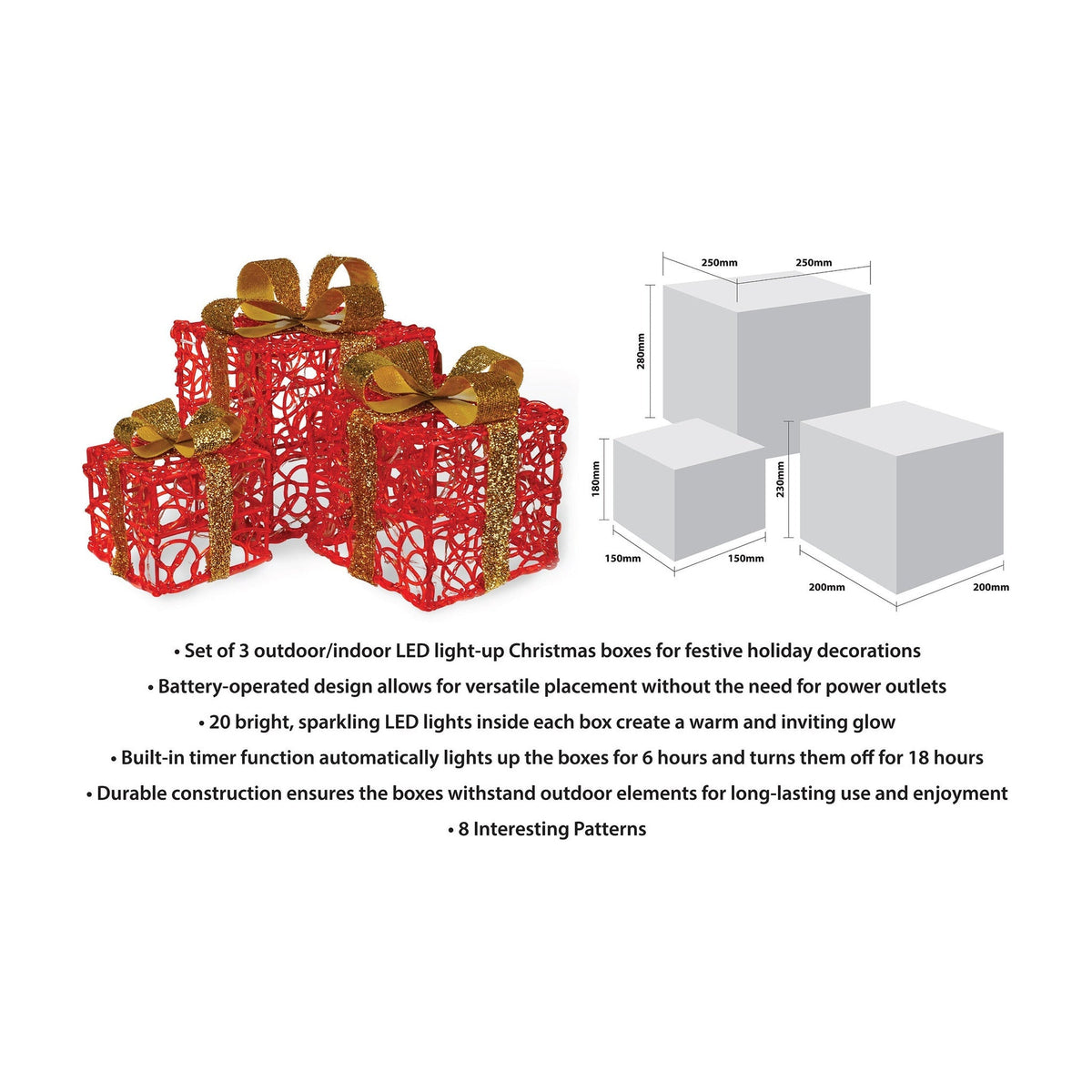 Xmas Haus Set of 3 LED Light-Up Christmas Boxes – 2 Colours - 60 LEDs Each, 8 Lighting Patterns, Battery Operated with Timer, Indoor & Outdoor Decoration_Christmas Lights