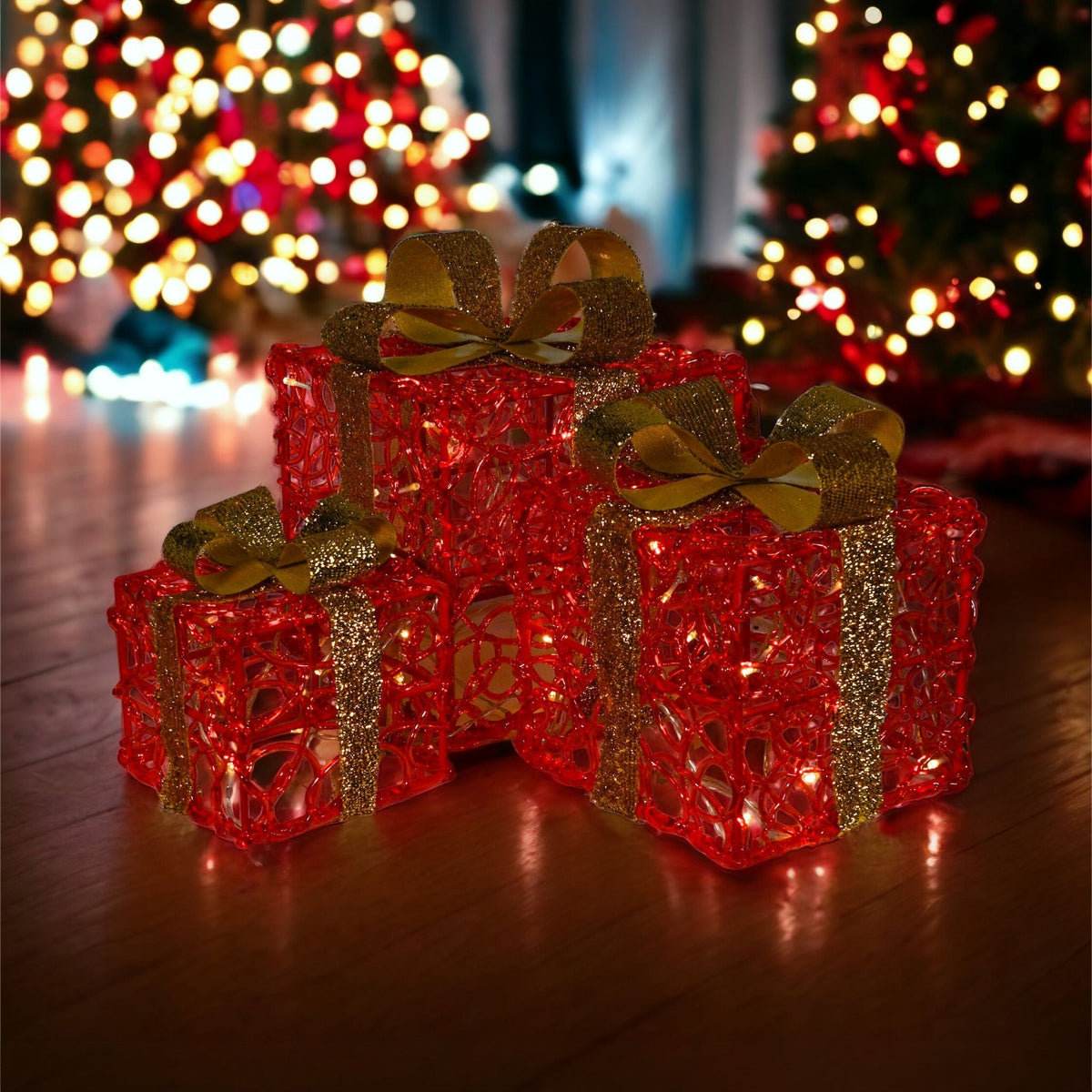 Xmas Haus Set of 3 LED Light-Up Christmas Boxes – 2 Colours - 60 LEDs Each, 8 Lighting Patterns, Battery Operated with Timer, Indoor & Outdoor Decoration_Christmas Lights
