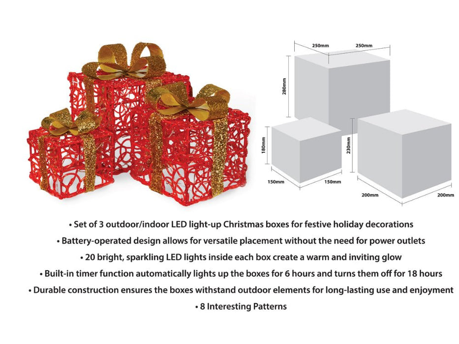 Xmas Haus Set of 3 LED Light Up Christmas Boxes Battery Operated With Timer and 60 LED's Outdoor/Indoor_Christmas Lights