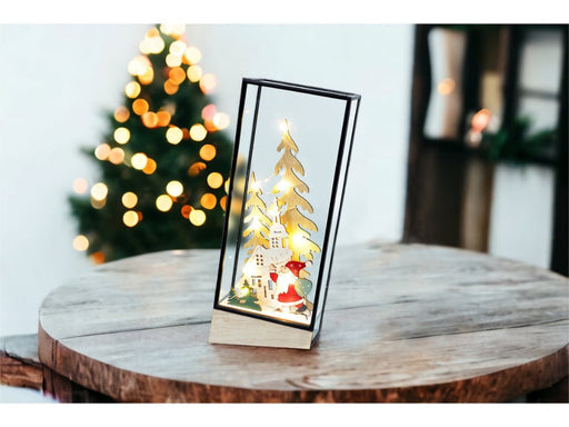 Xmas Haus Hurricane Glass Holder with Light Up Festive Village & Santa Scene Battery Operated_Christmas Lights