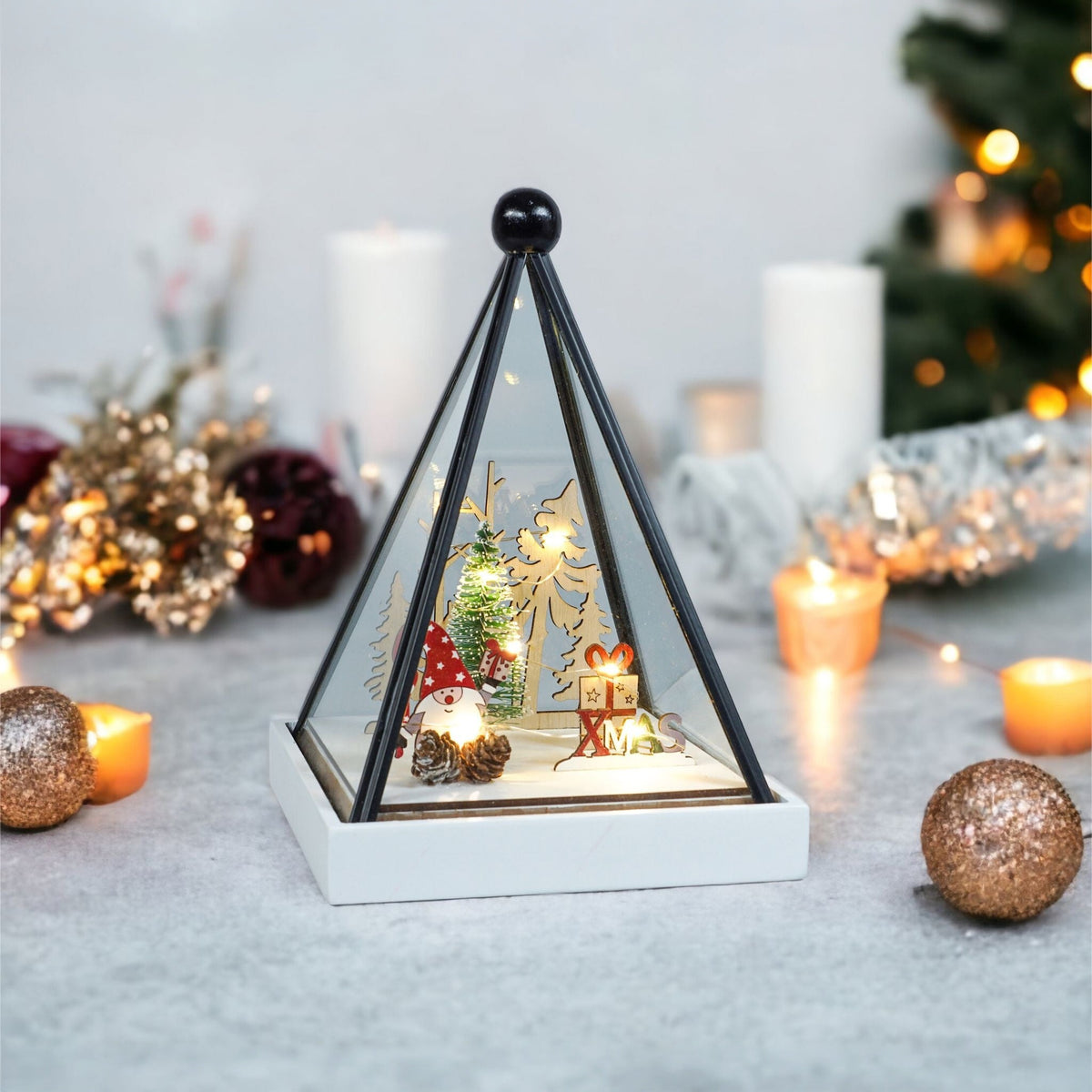 Xmas Haus Triangle Hurricane Glass Holder – Festive Gonk Scene with Warm LED Lights, Battery Operated Christmas Decoration_Christmas Lights