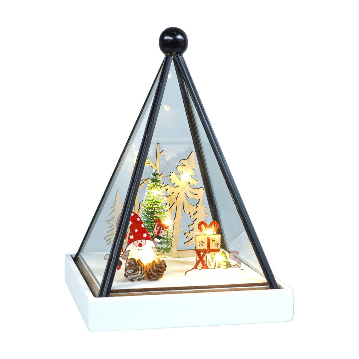 Xmas Haus Triangle Hurricane Glass Holder – Festive Gonk Scene with Warm LED Lights, Battery Operated Christmas Decoration_Christmas Lights