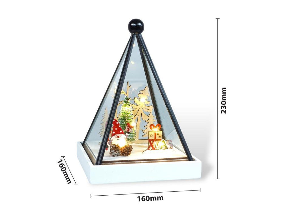 Xmas Haus Triangle Hurricane Glass Holder with Light Up Festive Gonk Scene Battery Operated_Christmas Lights