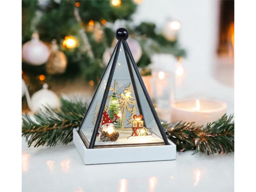 Xmas Haus Triangle Hurricane Glass Holder with Light Up Festive Gonk Scene Battery Operated_Christmas Lights