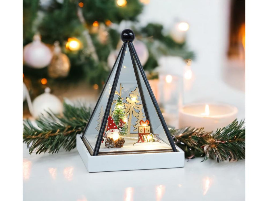 Xmas Haus Triangle Hurricane Glass Holder with Light Up Festive Gonk Scene Battery Operated_Christmas Lights
