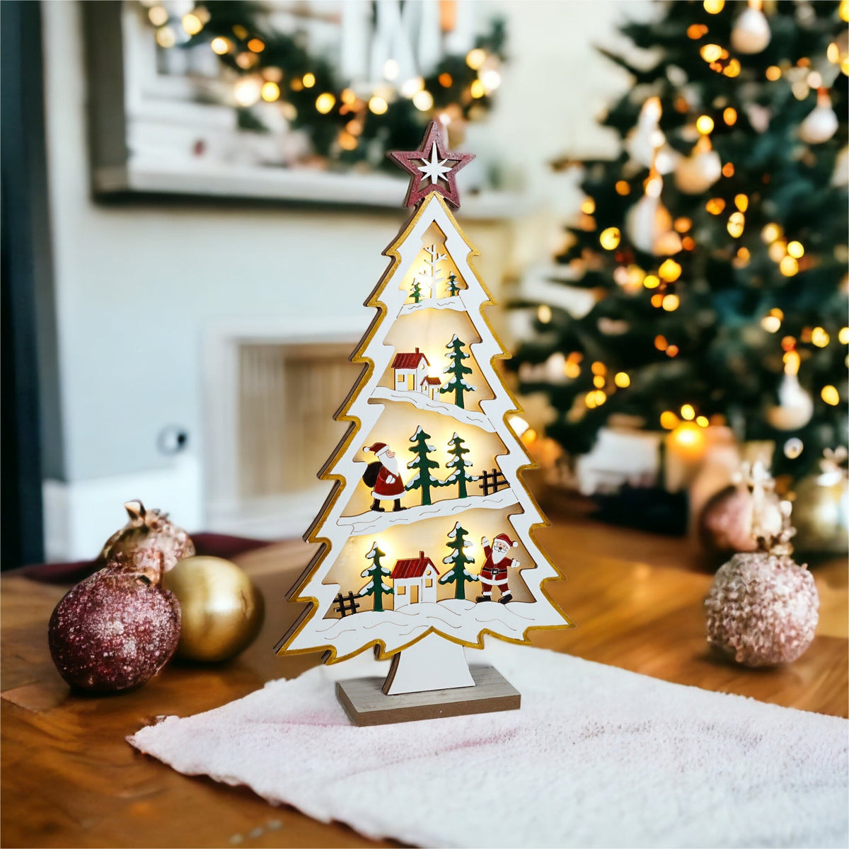 Xmas Haus Natural Festive Wood LED Light Up Christmas Village With in a Tree Scene Battery Operated_Indoor Christmas Decorations
