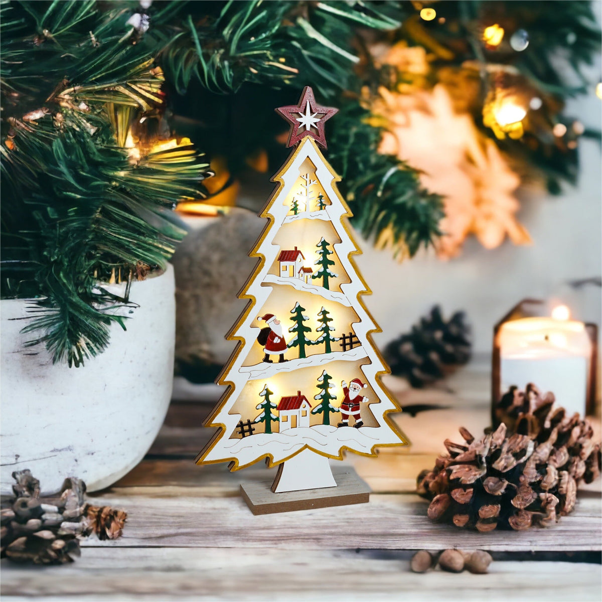 Xmas Haus Natural Festive Wood LED Light Up Christmas Village With in a Tree Scene Battery Operated_Indoor Christmas Decorations