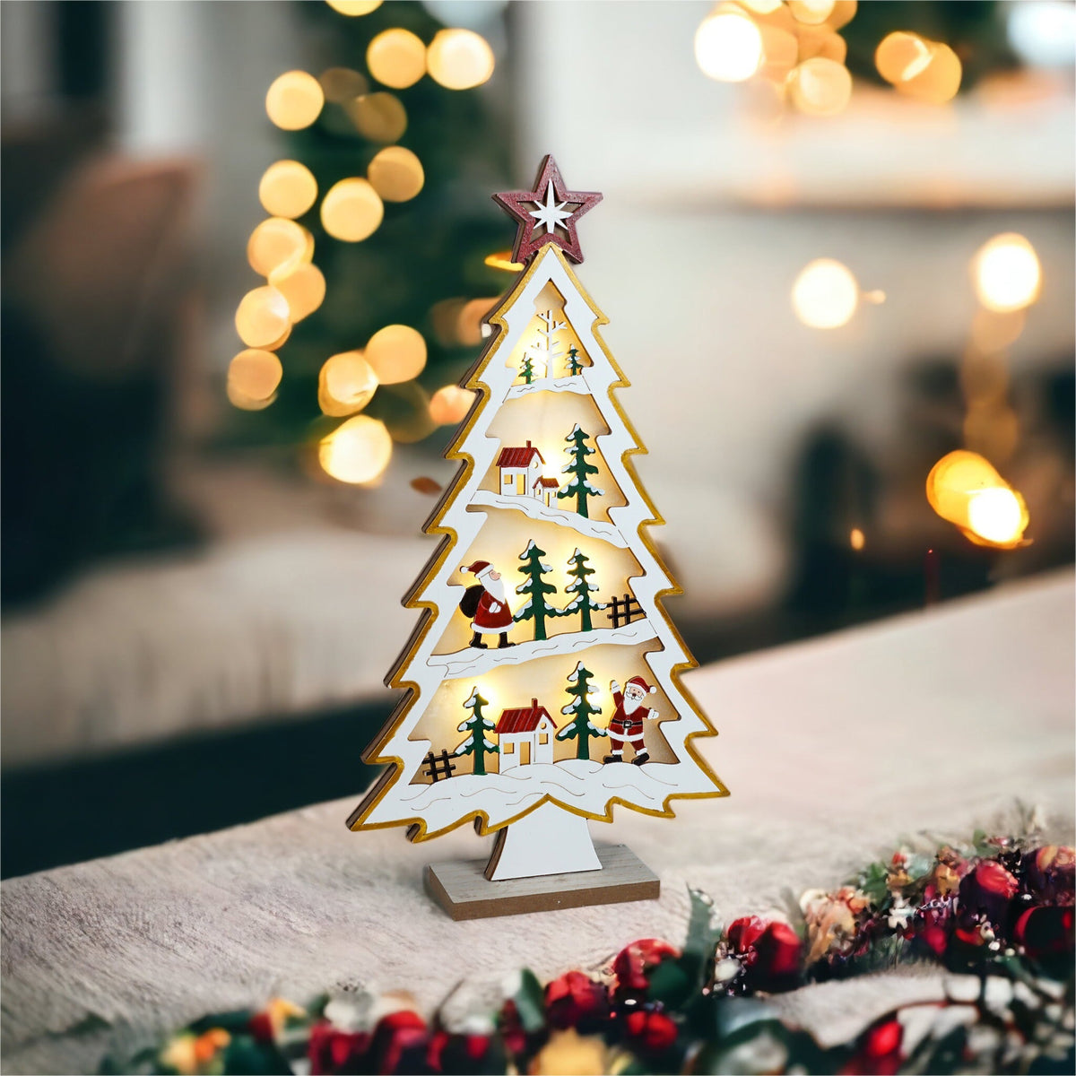 Xmas Haus Natural Festive Wood LED Light Up Christmas Village With in a Tree Scene Battery Operated_Indoor Christmas Decorations