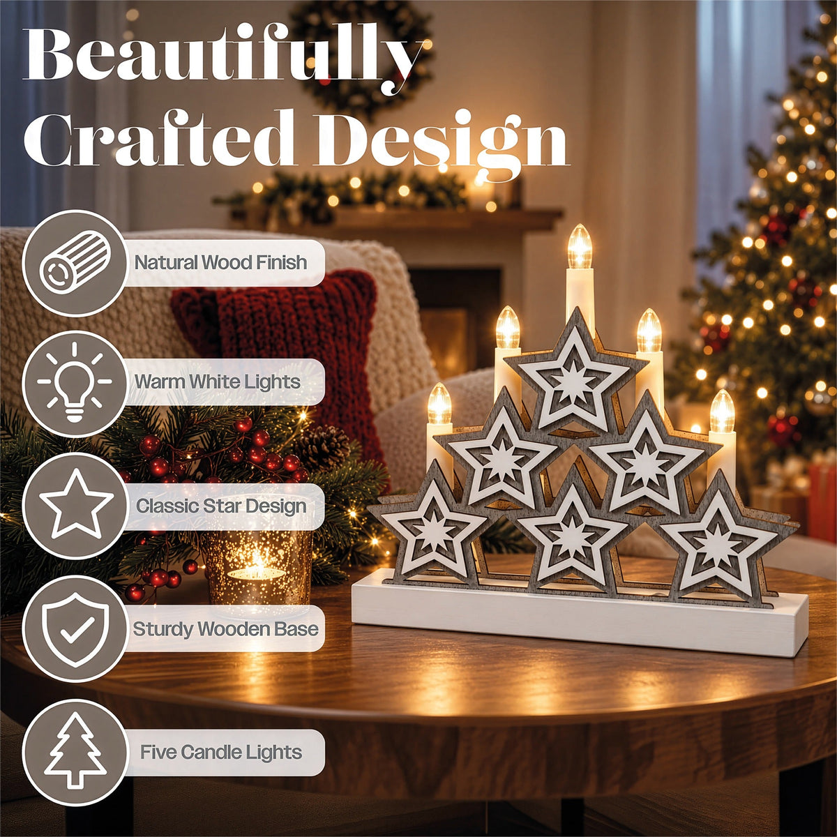 Xmas Haus Natural Festive Wood LED Light Up Christmas Candle Arch With stars Battery Operated_Indoor Christmas Decorations