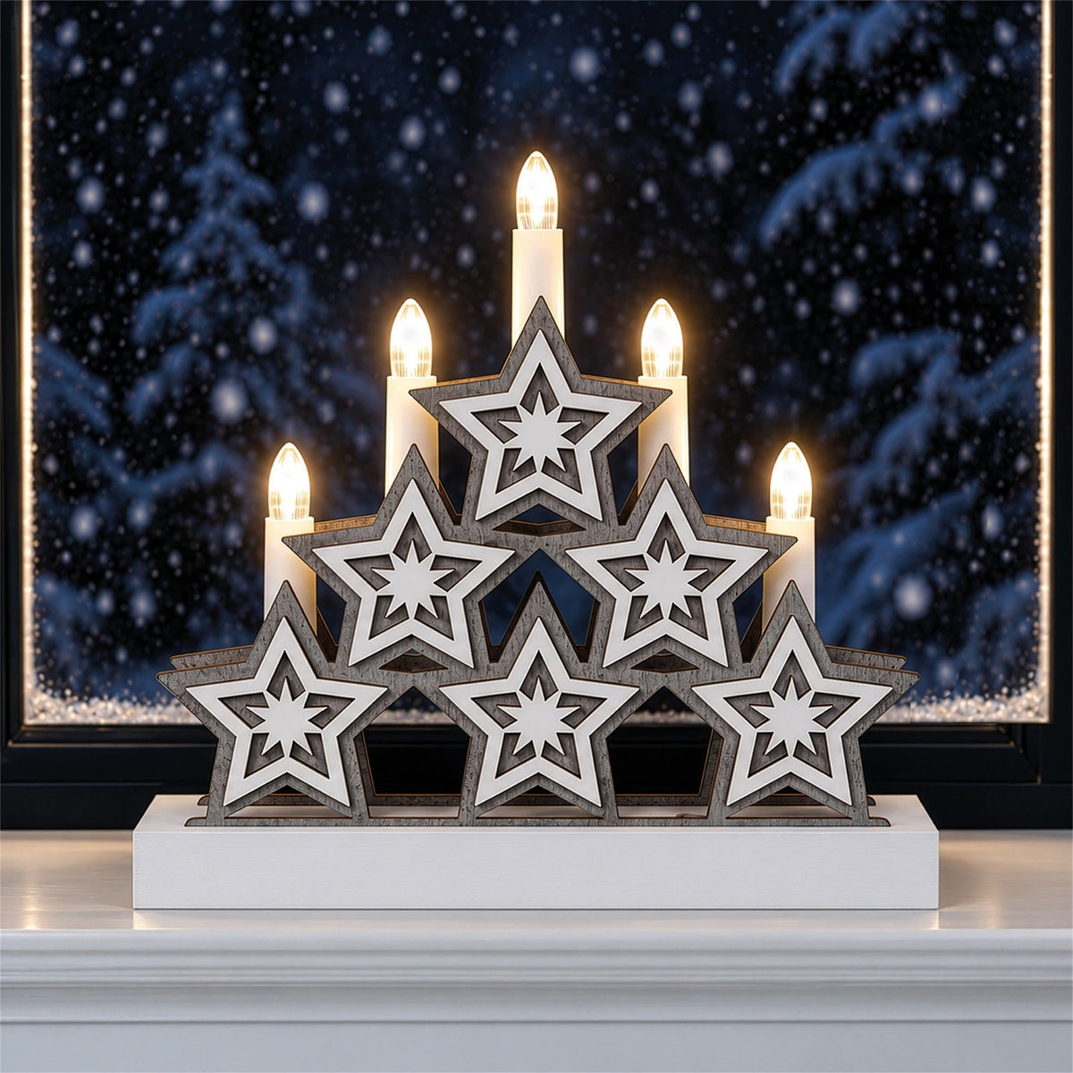 Xmas Haus Natural Festive Wood LED Light Up Christmas Candle Arch With stars Battery Operated_Indoor Christmas Decorations
