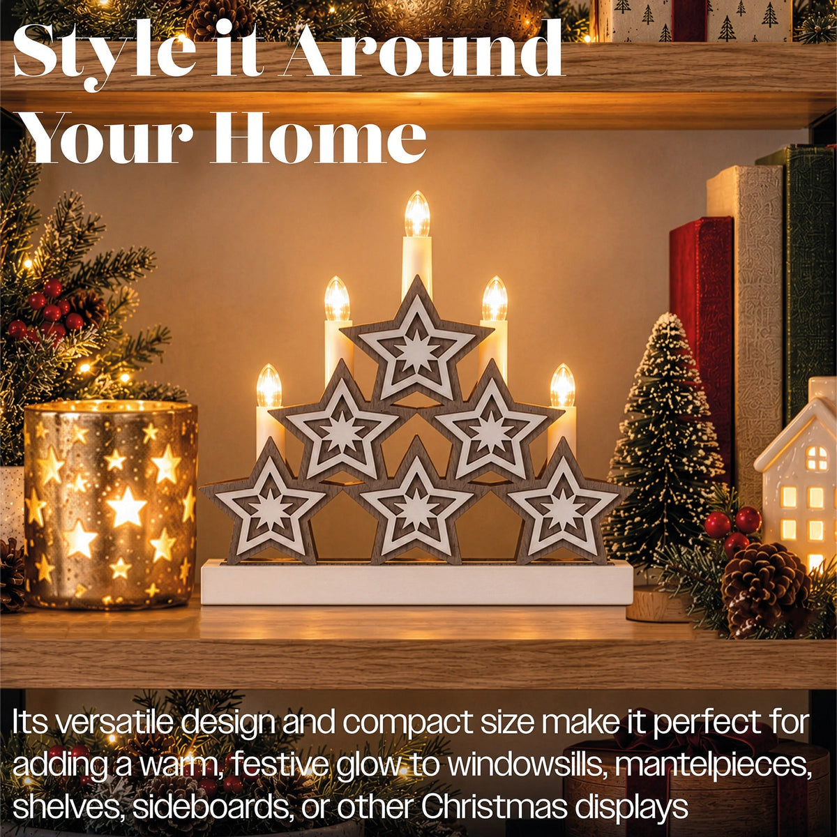 Xmas Haus Natural Festive Wood LED Light Up Christmas Candle Arch With stars Battery Operated_Indoor Christmas Decorations