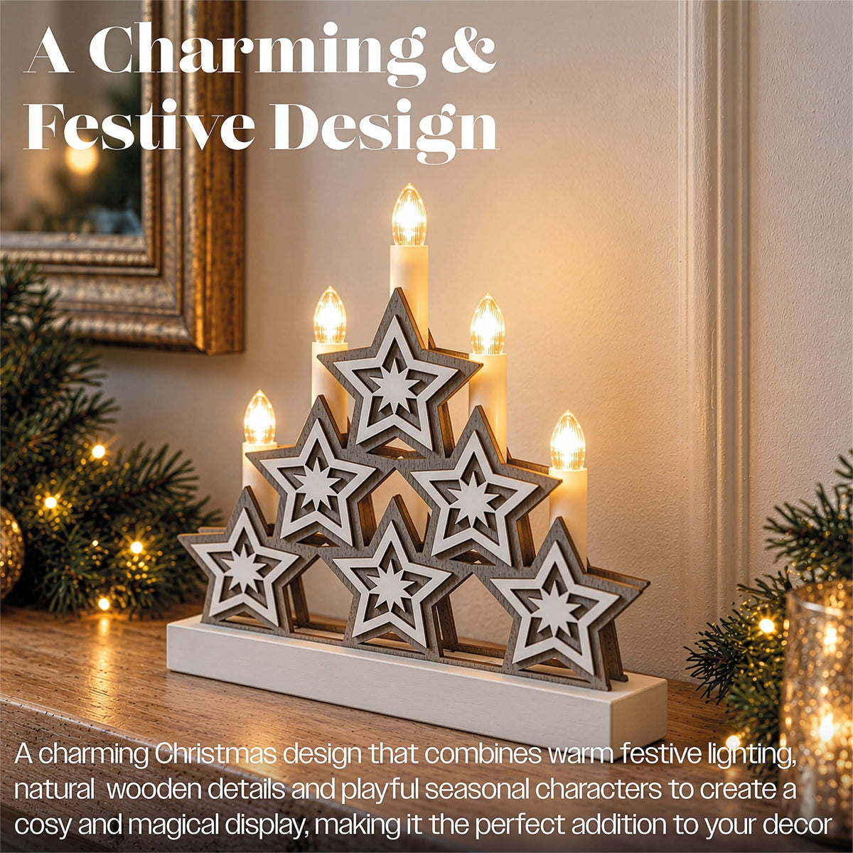 Xmas Haus Natural Festive Wood LED Light Up Christmas Candle Arch With stars Battery Operated_Indoor Christmas Decorations