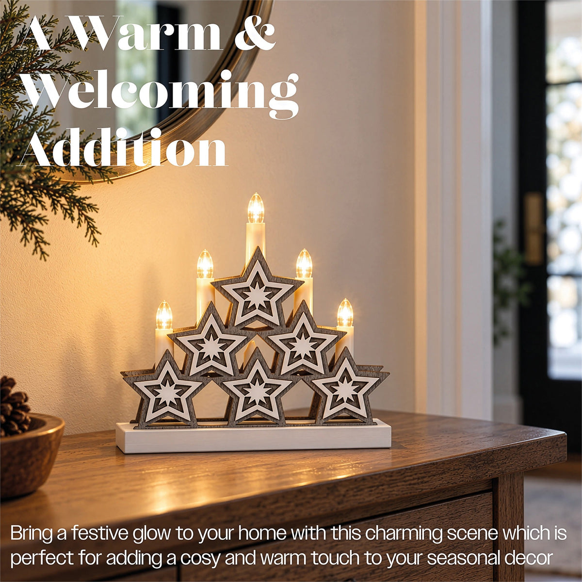 Xmas Haus Natural Festive Wood LED Light Up Christmas Candle Arch With stars Battery Operated_Indoor Christmas Decorations