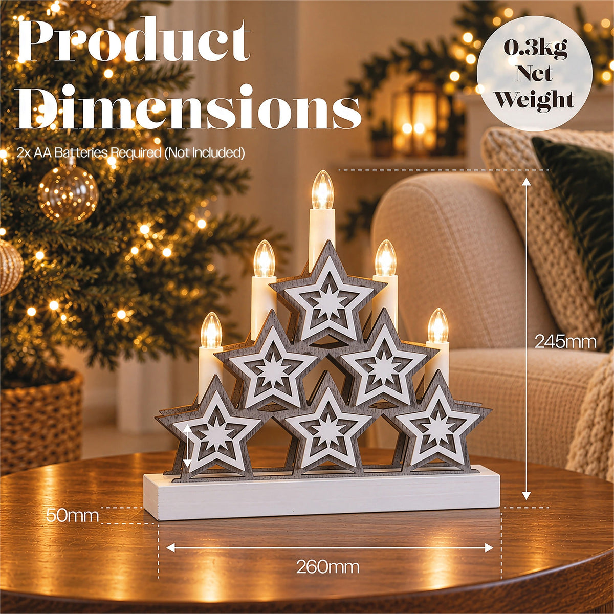 Xmas Haus Natural Festive Wood LED Light Up Christmas Candle Arch With stars Battery Operated_Indoor Christmas Decorations