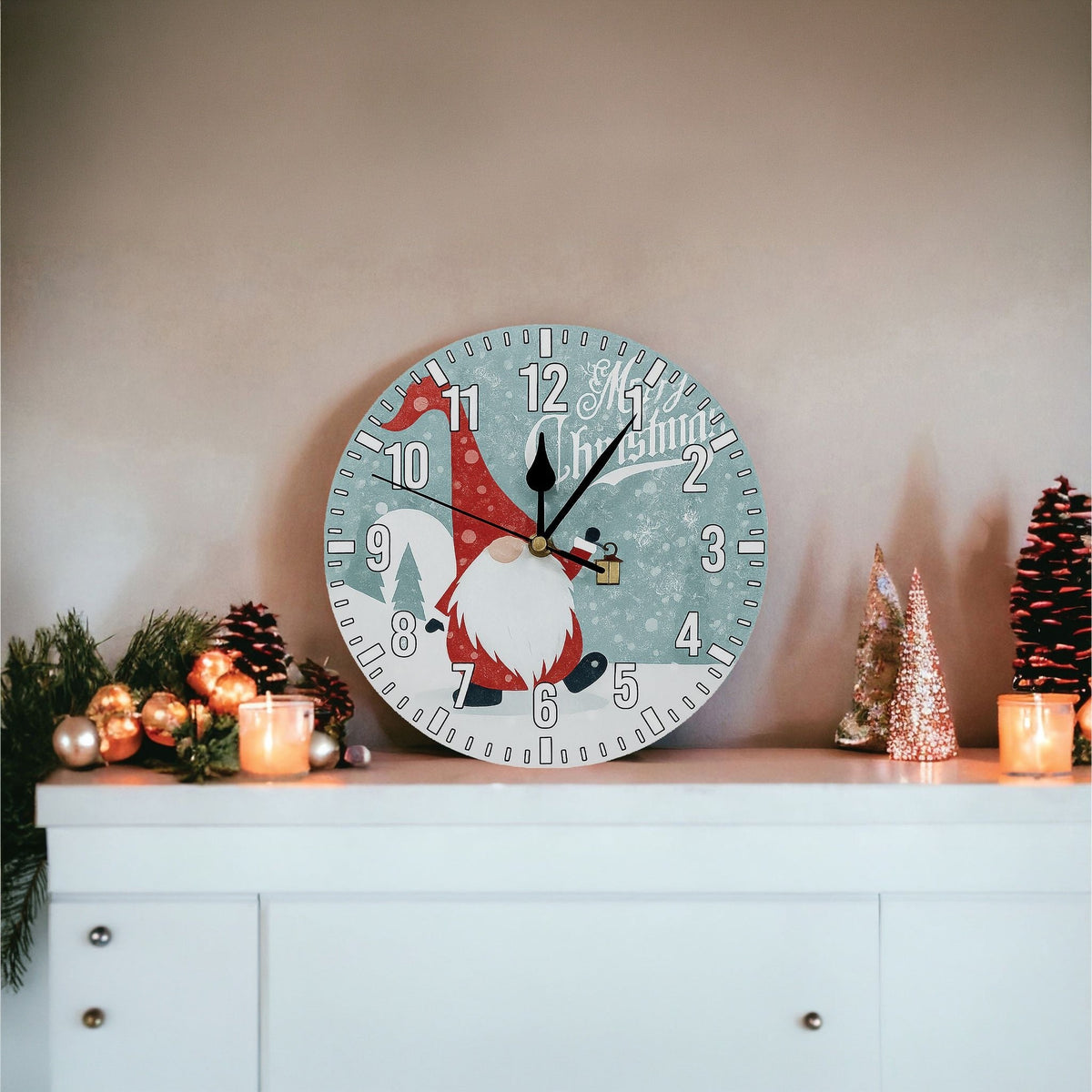 Xmas Haus Christmas Wall Clock – 9" Indoor Clock with Santa Gonk, Battery Operated, Festive Home Decoration_Christmas Clock