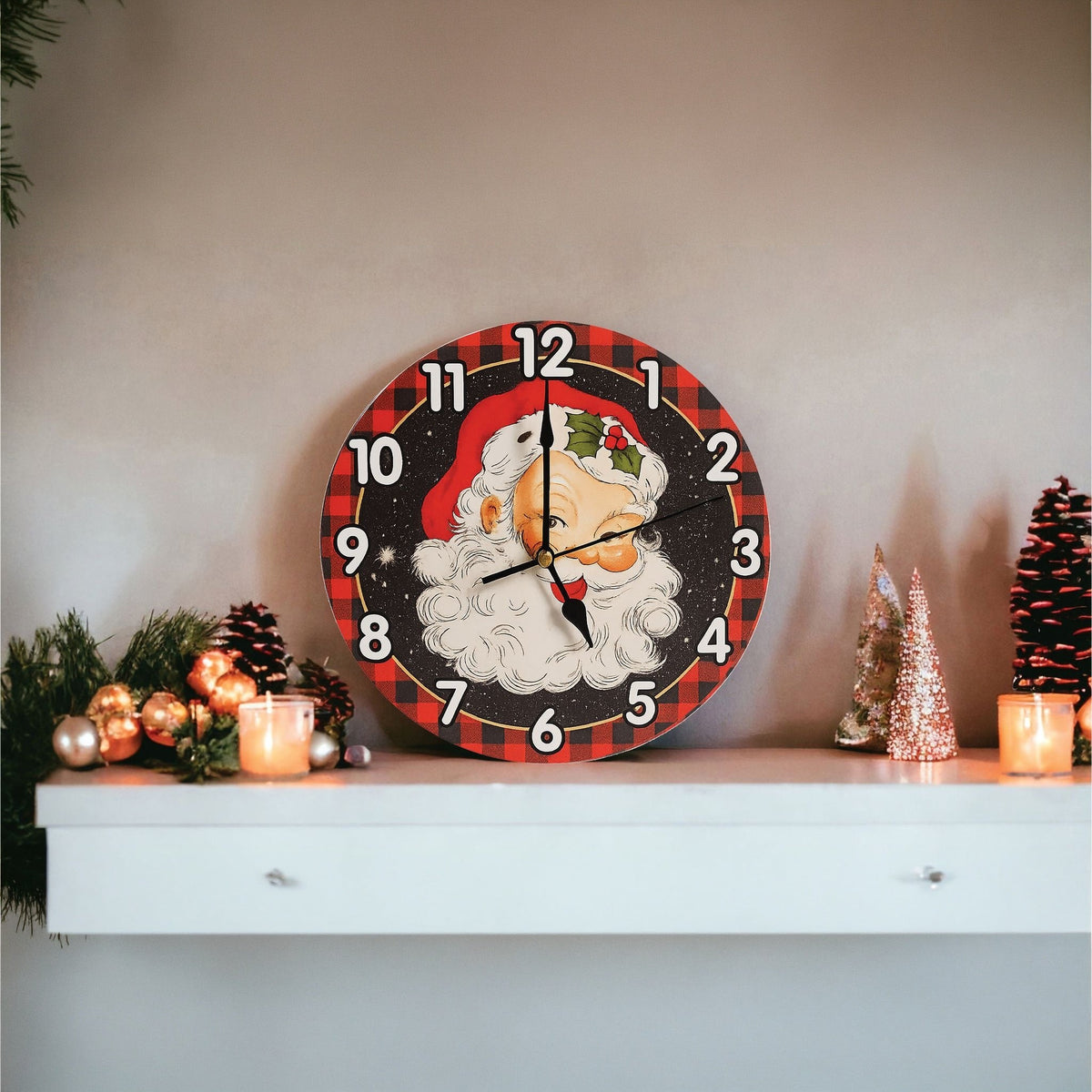 Xmas Haus Christmas Wall Clock – 9" Indoor Clock with Santa, Battery Operated, Festive Home Decoration_Christmas Clock