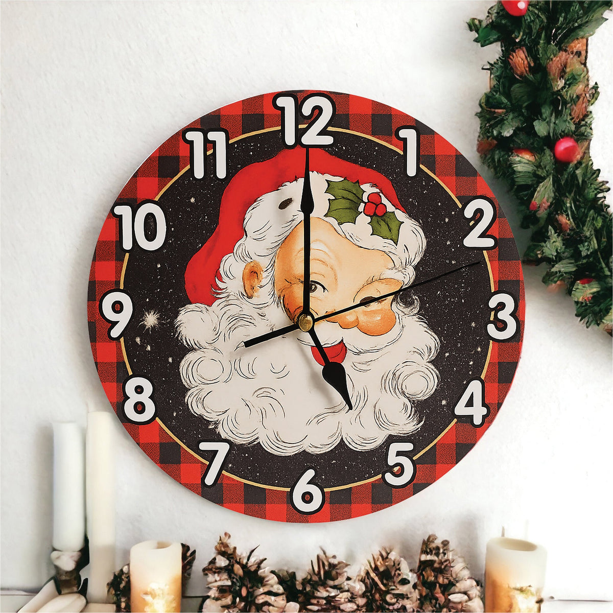 Xmas Haus Christmas Wall Clock – 9" Indoor Clock with Santa, Battery Operated, Festive Home Decoration_Christmas Clock