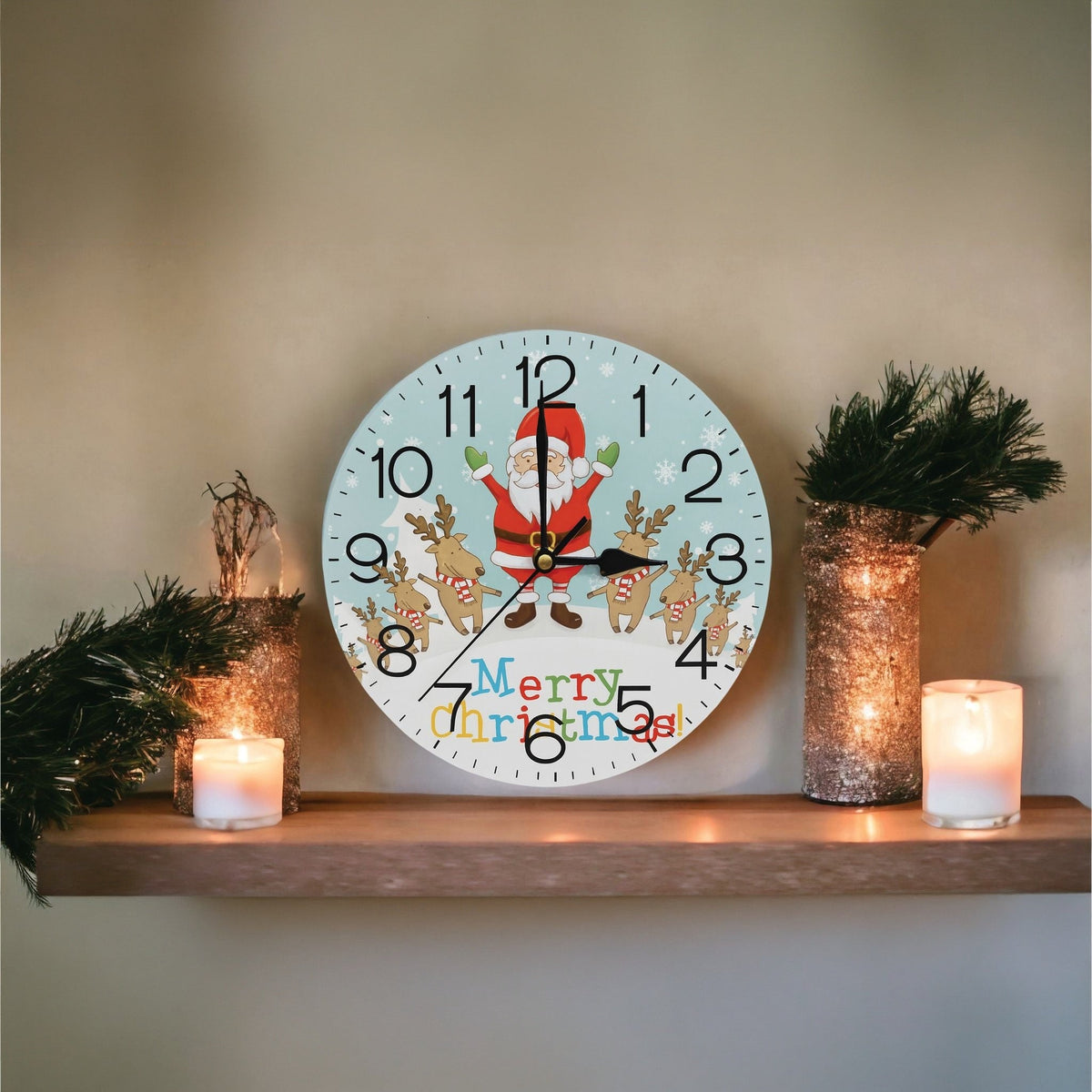 Xmas Haus Christmas Wall Clock – 9" Indoor Clock with Santa & Reindeers, Battery Operated, Festive Home Decoration_Christmas Clock