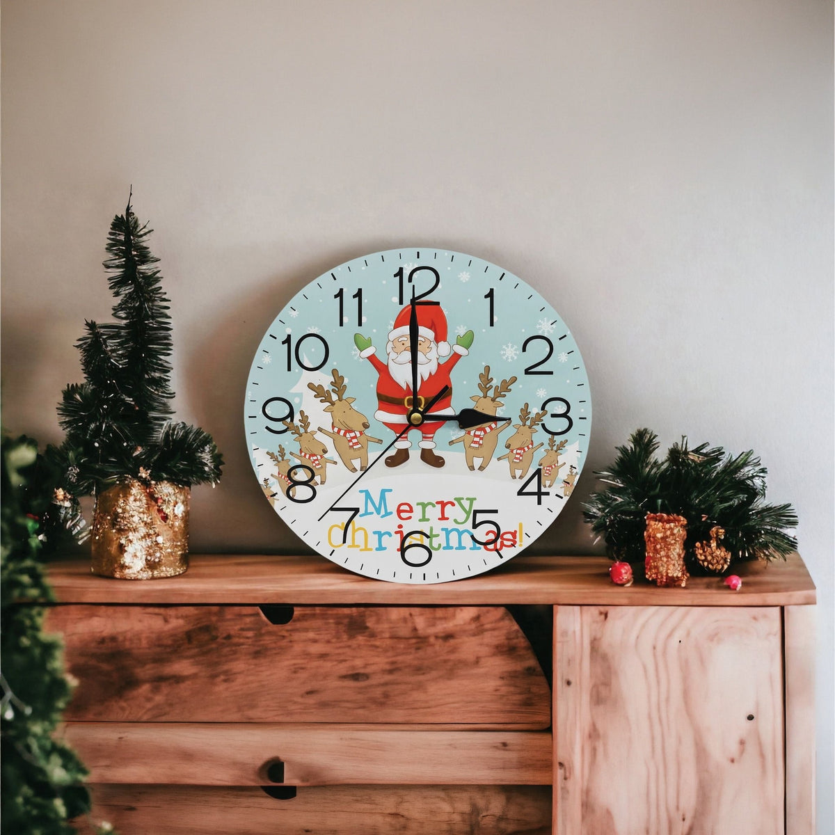 Xmas Haus Christmas Wall Clock – 9" Indoor Clock with Santa & Reindeers, Battery Operated, Festive Home Decoration_Christmas Clock