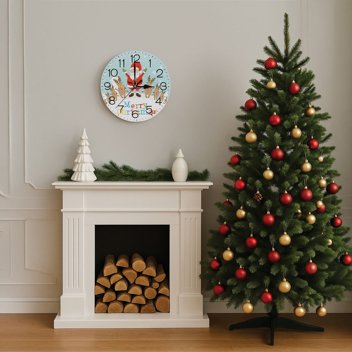 Xmas Haus Christmas Wall Clock – 9" Indoor Clock with Santa & Reindeers, Battery Operated, Festive Home Decoration_Christmas Clock