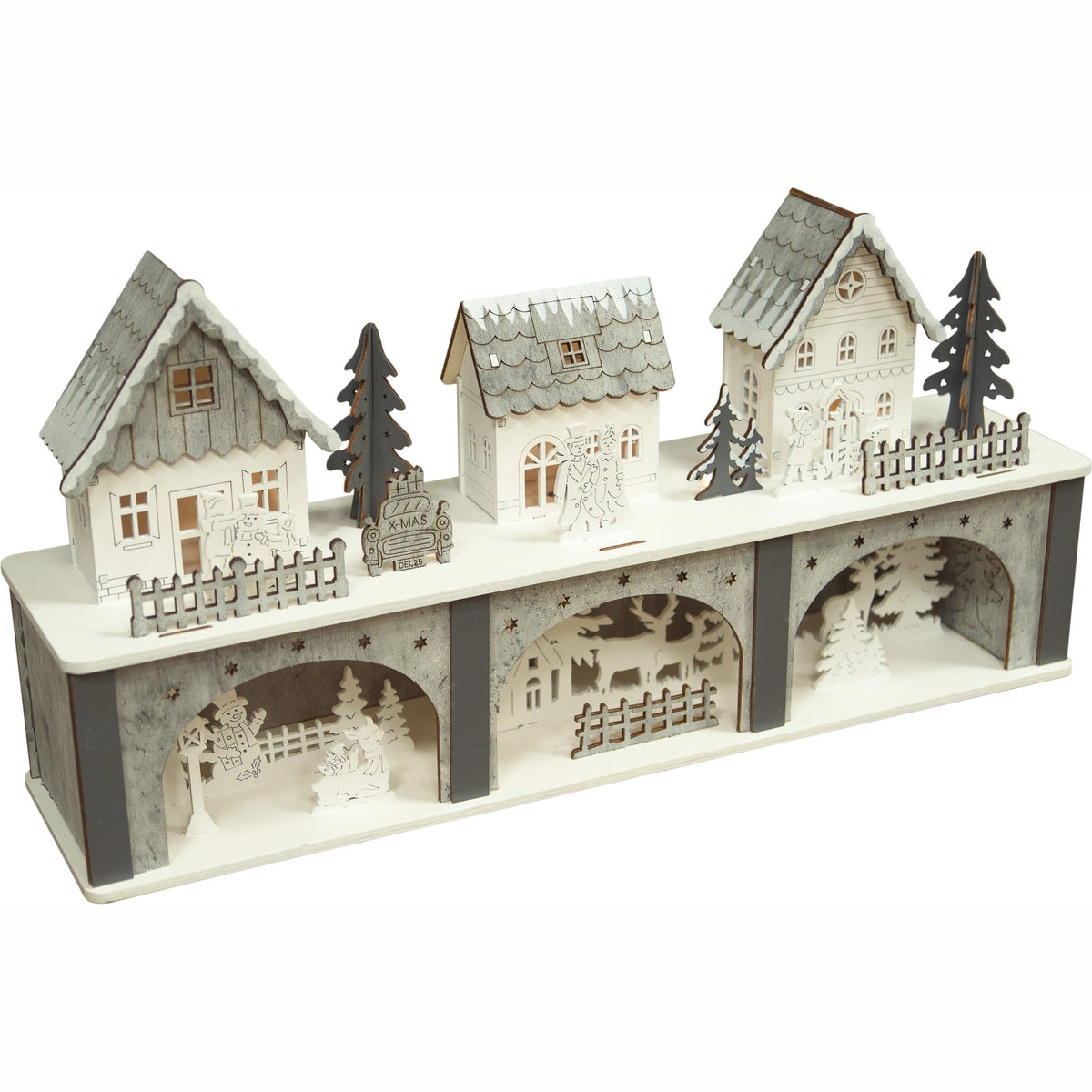 Battery Powered Wooden Light Up Festive Scene - White and Grey_Indoor Christmas Decorations
