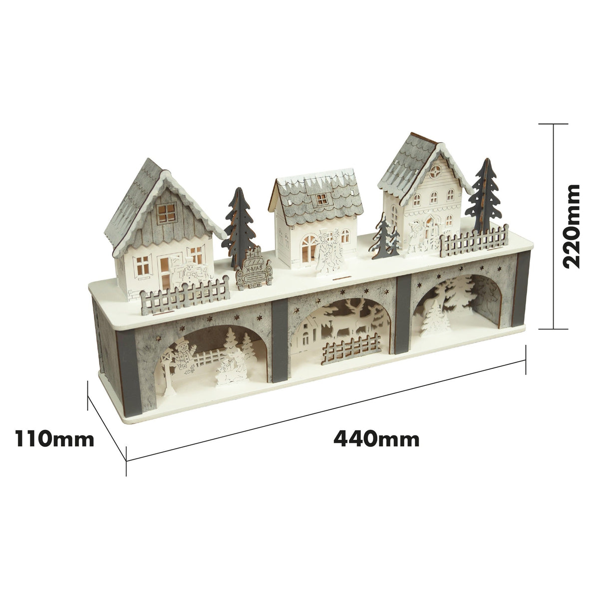 Battery Powered Wooden Light Up Festive Scene - White and Grey_Indoor Christmas Decorations