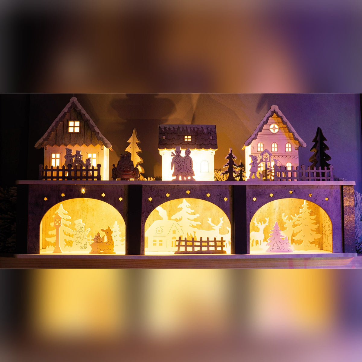 Battery Powered Wooden Light Up Festive Scene - White and Grey_Indoor Christmas Decorations
