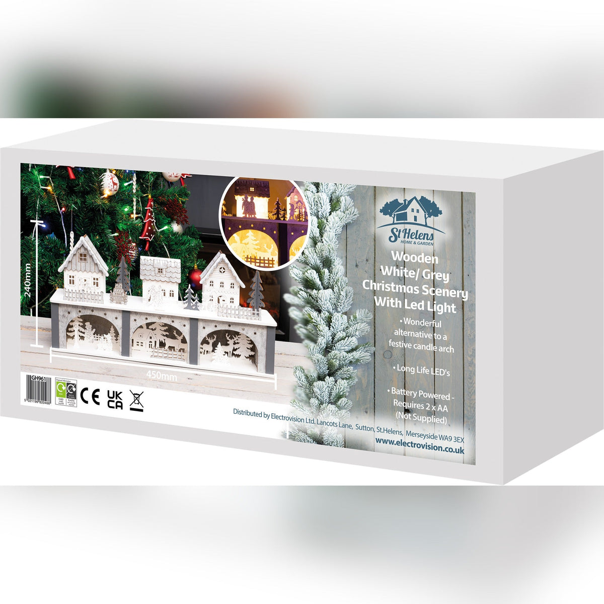 Battery Powered Wooden Light Up Festive Scene - White and Grey_Indoor Christmas Decorations