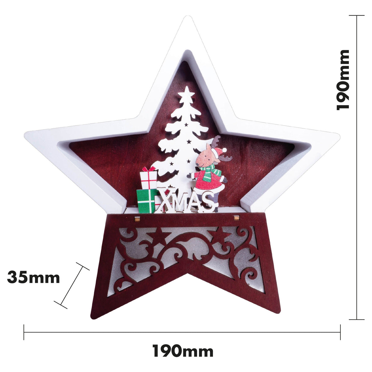 Battery Powered Wooden Light Up Christmas Star - White and Burgundy_Indoor Christmas Decorations