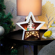 Battery Powered Wooden Light Up Christmas Star - White and Burgundy_Indoor Christmas Decorations