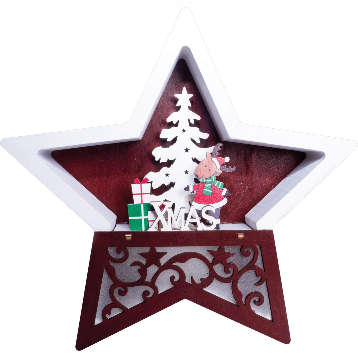 Battery Powered Wooden Light Up Christmas Star - White and Burgundy_Indoor Christmas Decorations