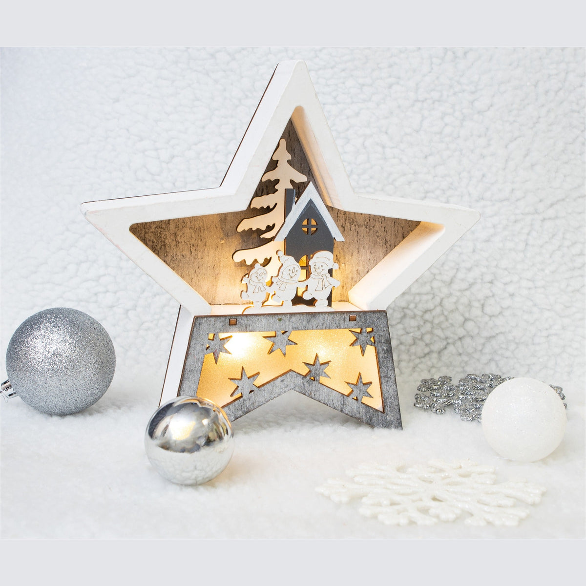 Battery Powered Wooden Light Up Christmas Star - White and Grey_Indoor Christmas Decorations