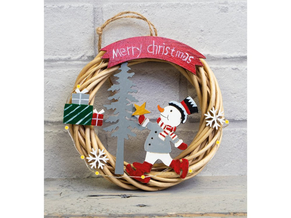 St Helens Snowman Battery Powered Wicker Christmas Wreath_Christmas Wreaths