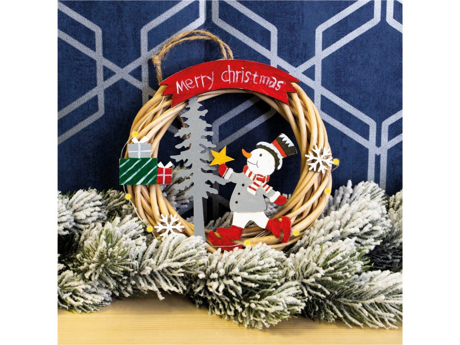 St Helens Snowman Battery Powered Wicker Christmas Wreath_Christmas Wreaths